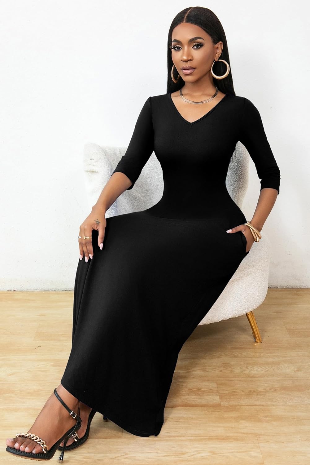 FANDEE Maxi Dress for Women 3/4 Sleeve Maxi Dresses V Neck Casual Loose Long T Shirt Dresses Basic (M-3XL) - Image 3