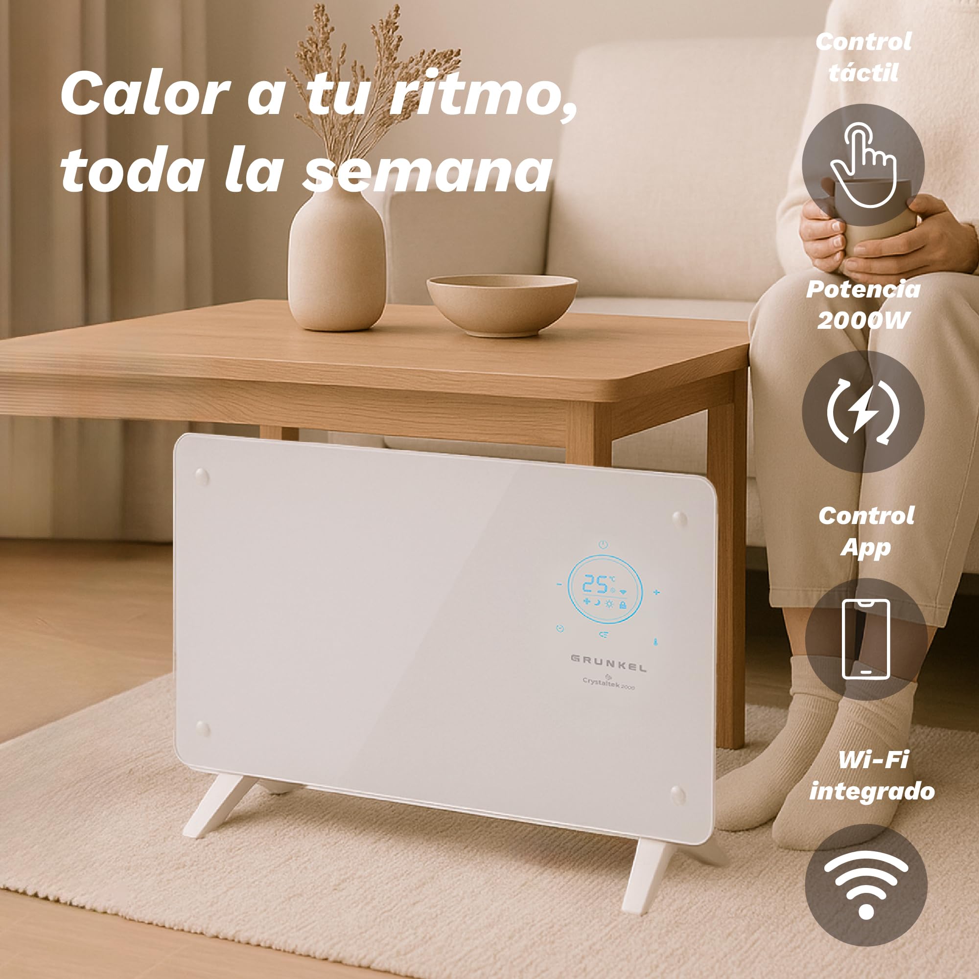 GRUNKEL - Thermo-Sender GP-2000CT 2000 W | Digitales Panel mit WLAN | 3 Leistungsstufen | 24-Stunden-Programmierung | regelbares Thermostat | mobile App | Glasscheibe | Kindersicherung
