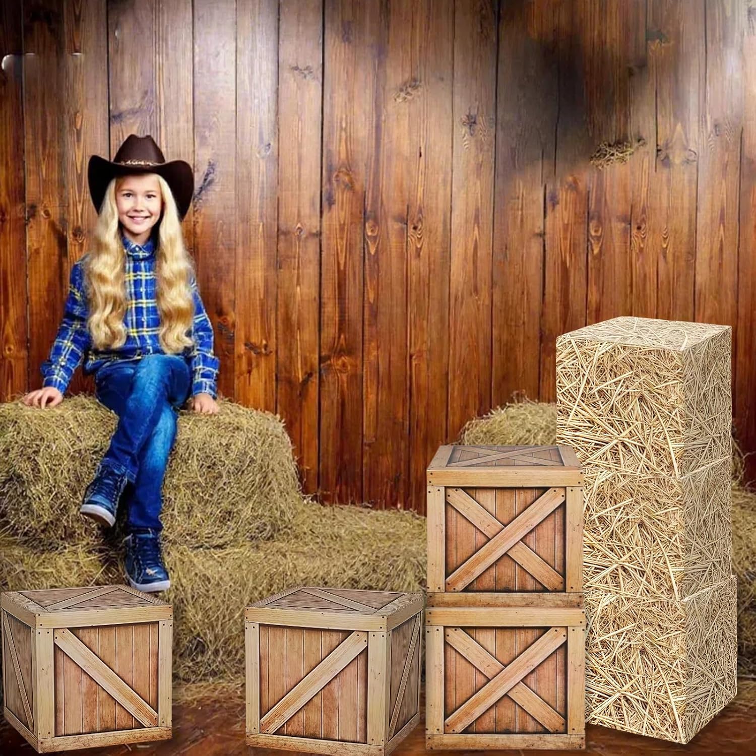 7 Pcs Hay Bales Cardboard Boxes Set Western Cowboy Party Decorations - Pirate Party Decorations, Western Wooden Grain Boxes, Fake Hay Photo Booth Props Straw Boxes for Fall Harvest Halloween