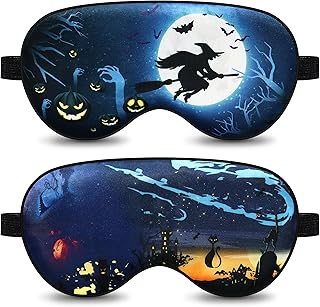 2 Pcs Sleep Eye Mask Halloween Pumpkin Wizard Bat Eye Mask with Adjustable Strap Spooky Black Cat Eye Cover Soft Lightweight Blindfold for Kid Teen Men Women Home Travel Yoga Nap Blindfold Game