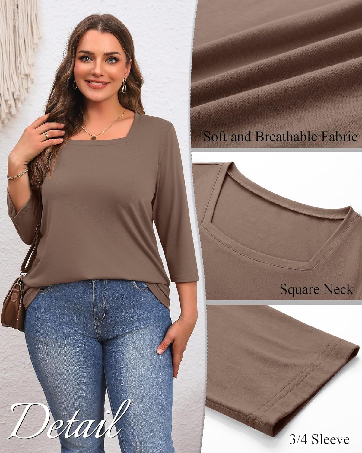 Ficerd 3 Pack Plus Size 3/4 Sleeve Tops for Women Square Neck Shirts Trendy Casual Loose Fit Basics Tees XL-5xl - Image 7