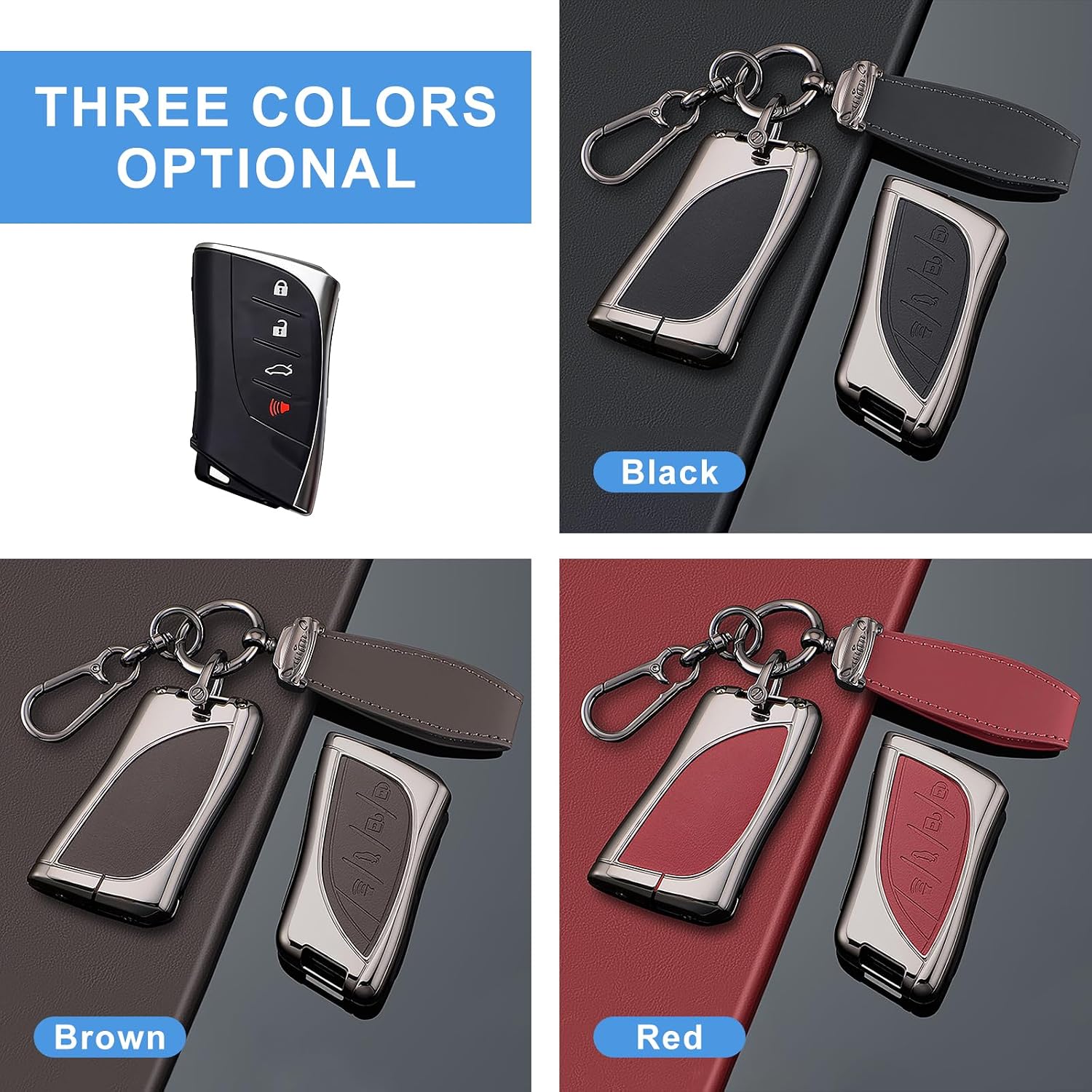 Metal & Leather Key Fob Cover with Keychain for Lexus RX NX TX ES 300 300h 350 GX 460 550 IS 250 LX UX LC LS 2024 2025 2026 Accessories, Full Protection Key Fob Shell Case, 4 Buttons (Brown)
