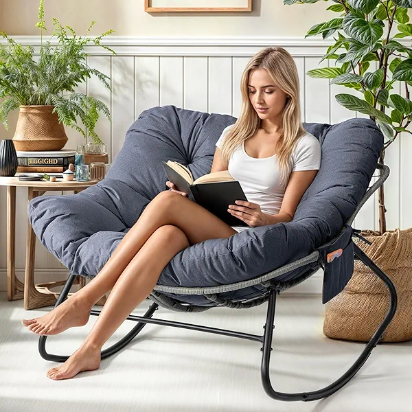 LotFun Papasan Rocking Chair, Outdoor Patio Rocking Chairs with Thick Cushion and Removable Side Pockets, Oversized Rocker Egg Chair for Bedroom, Porch, Garden (Dark Grey, 45" W x 40" D x 28" H)