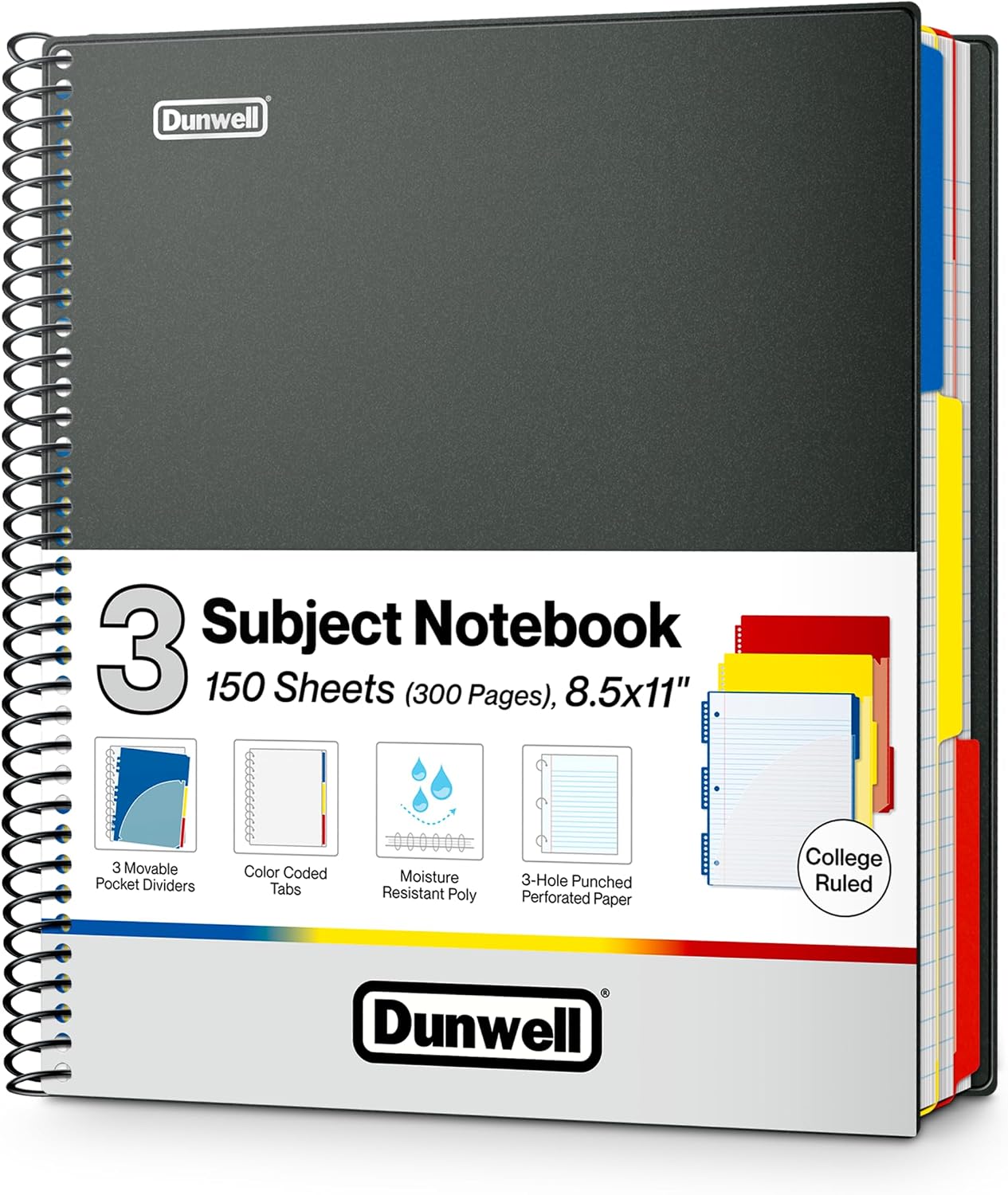 Dunwell 3-Subject Notebook College Ruled 8.5 x 11 (Black), 150 Sheets (300 Pages), Spiral Notebook 8.5x11 with Tabs, Movable Dividers, Storage Pockets, Protective Plastic Covers