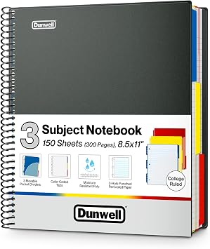 Dunwell 3-Subject Notebook College Ruled 8.5 x 11 Black, 150 Sheets 300 Pages, Spiral Notebook 8.5x11 with Tabs, Movable Dividers, Storage Pockets, Protective Plastic Covers