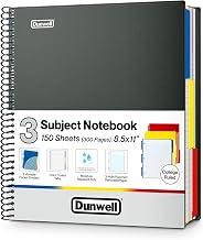 Dunwell 3-Subject Notebook College Ruled 8.5 x 11 (Black), 150 Sheets (300 Pages), Spiral Notebook 8.5x11 with Tabs, Movable Dividers, Storage Pockets, Protective Plastic Covers
