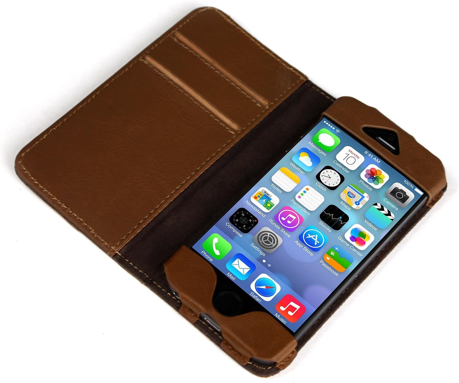 Bear Motion (TM) Luxury Denim + 100% Genuine Buffalo Hide Leather Wallet Folio Case for iPhone 5 / 5S - Brown