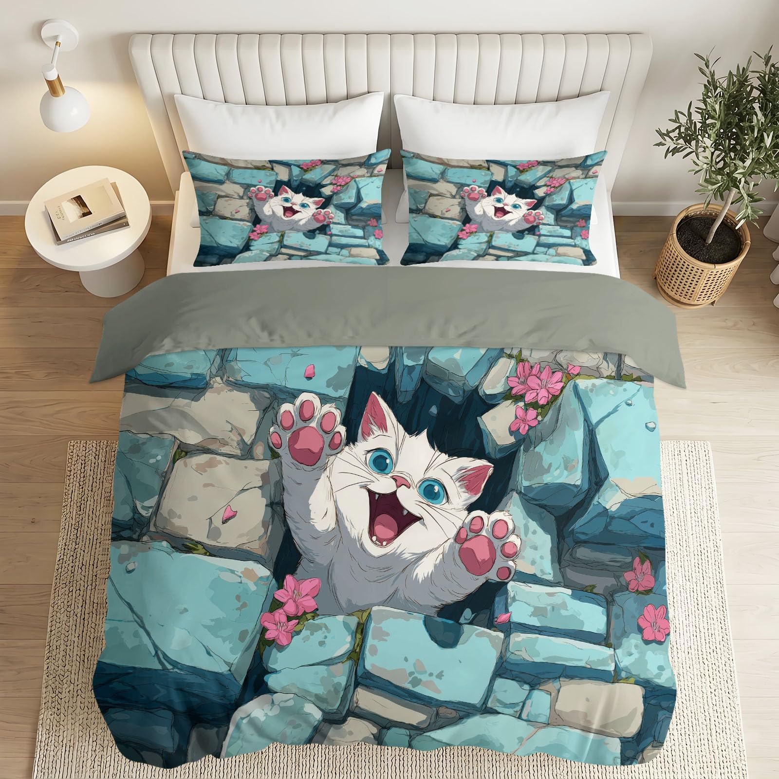 Juego de funda de edredón y funda de almohada de dibujos animados terapéuticos, tamaño Super King, diseño de pared de piedra de gato blanco, ropa de cama de microfibra suave, 260 x 220 cm, reversible