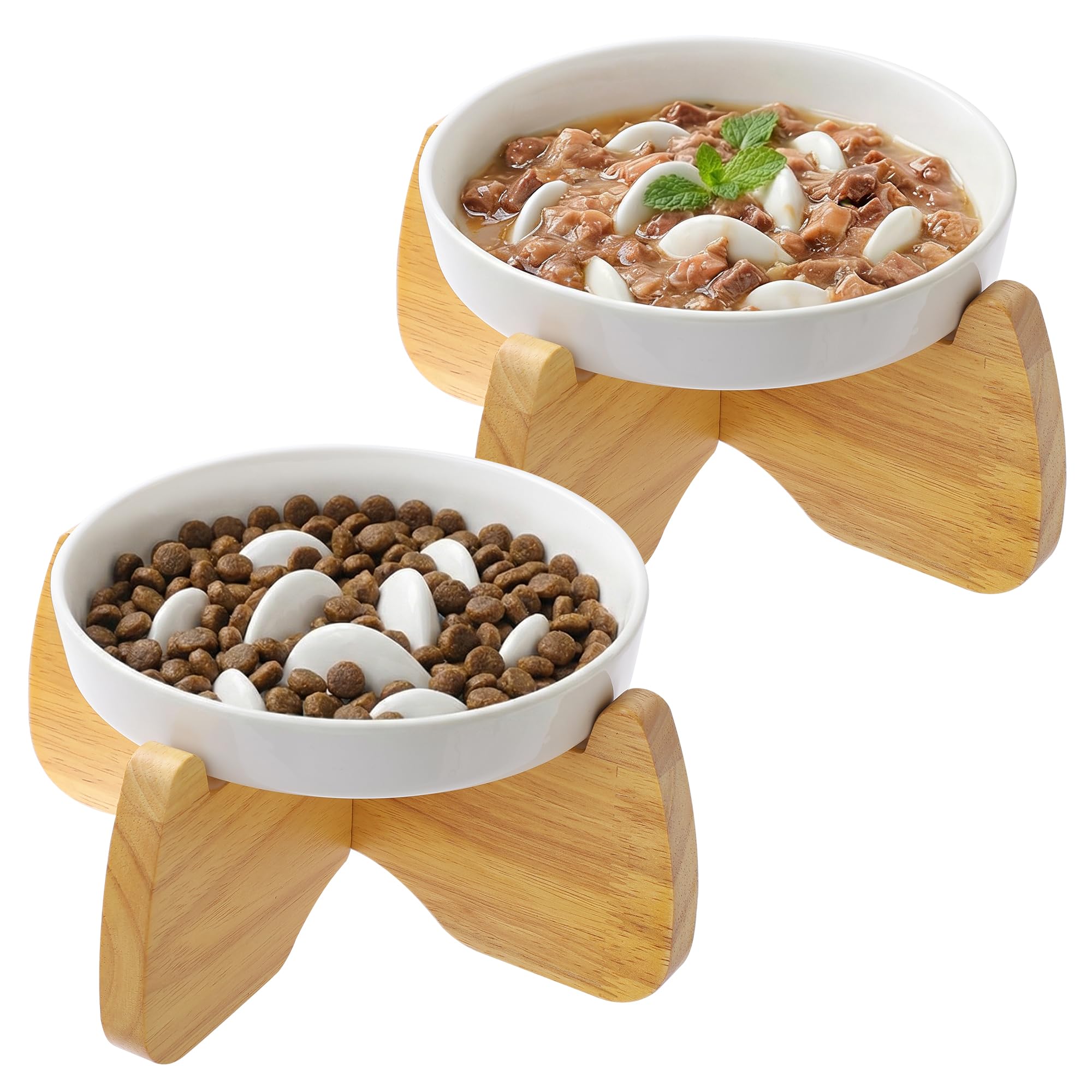 Gamelle Anti Glouton Chat Surélevée avec Support, 16 cm Large, Peu Profond Gamelle Anti-Glouton Chat Céramique pour Croquettes et Pâtée,Réduit Les Vomissements,Lavable au Lave-Vaisselle(2 Pack)