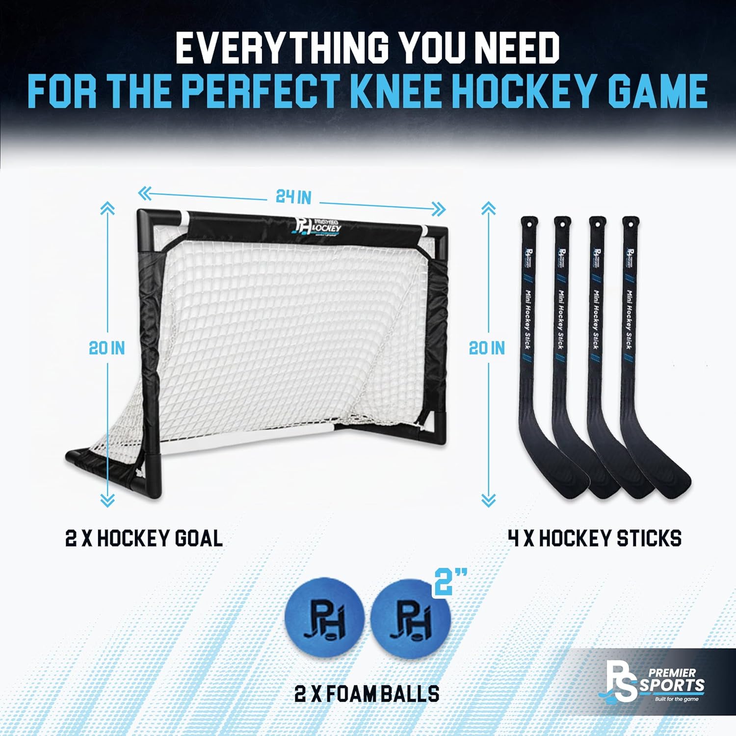 Premier Sports - Mini Hockey Set – Complete 4-Player Indoor Kit with (2) Mini Goals, (4) Mini Sticks, and (2) Foam Balls