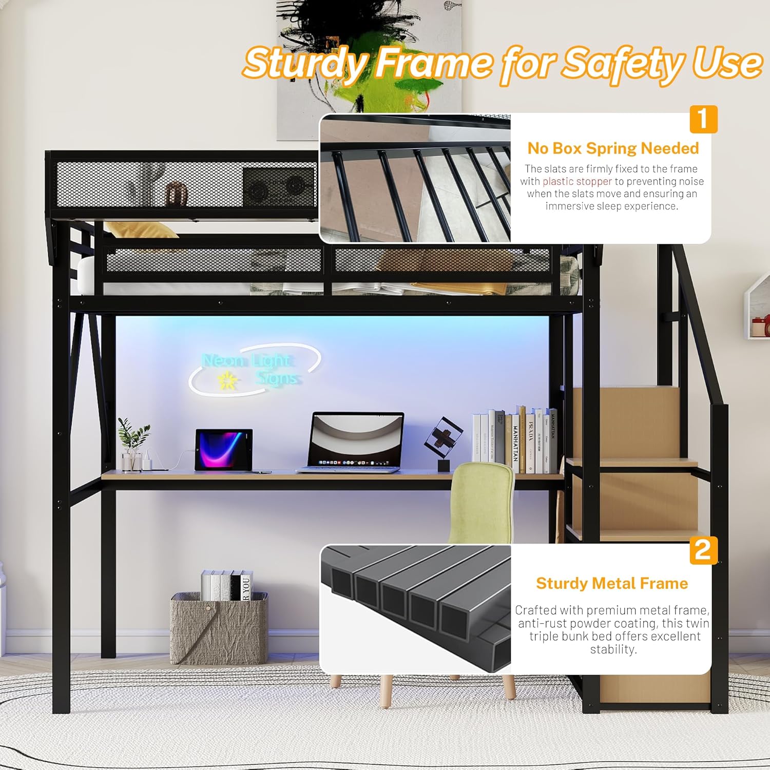 Full Size Loft Bed with Stairs & Desk, Metal Loft Bed Frame with LED and Charging Station, High Loft Beds Gaming Lofted Full Bed with Storage Shelf for Kids and Teens (Black+Natural)