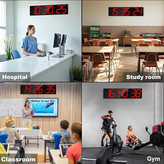 CHKOSDA 28.4''Large Digital Wall Clock,Auto Time Sync Digital Clock with Easy Operation,Gym Clock with Interval Workout Timer,Big Wall Clock with Countdown,Alarm,Clendar and Termperature (Red)