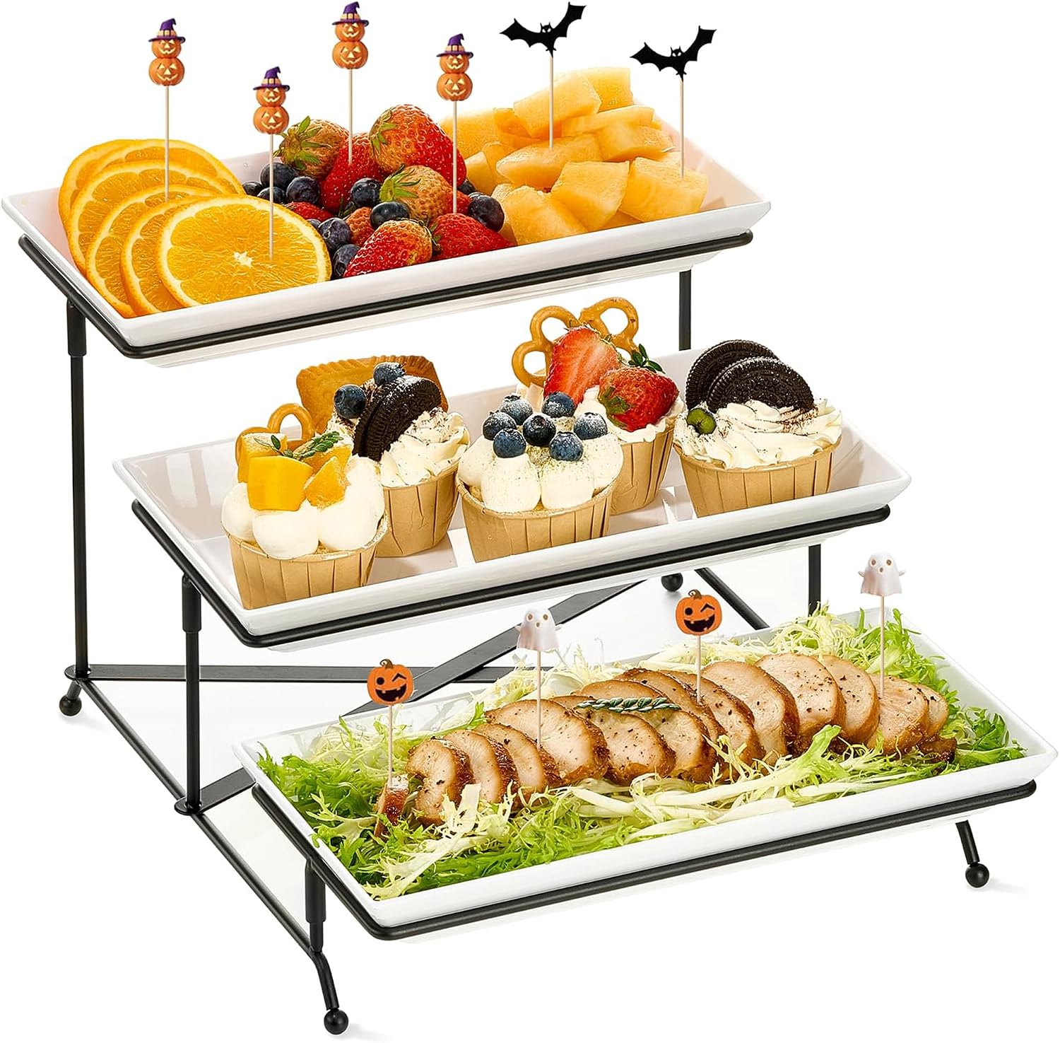 Mfacoy 3 Tier Serving Tray Set, 12" Tiered Serving Trays Platters, Reusable Serving Tray for Party, Collapsible Sturdier Stand with Stable Cross Bars, Serving Platters for Veggie, Fruit, Dessert