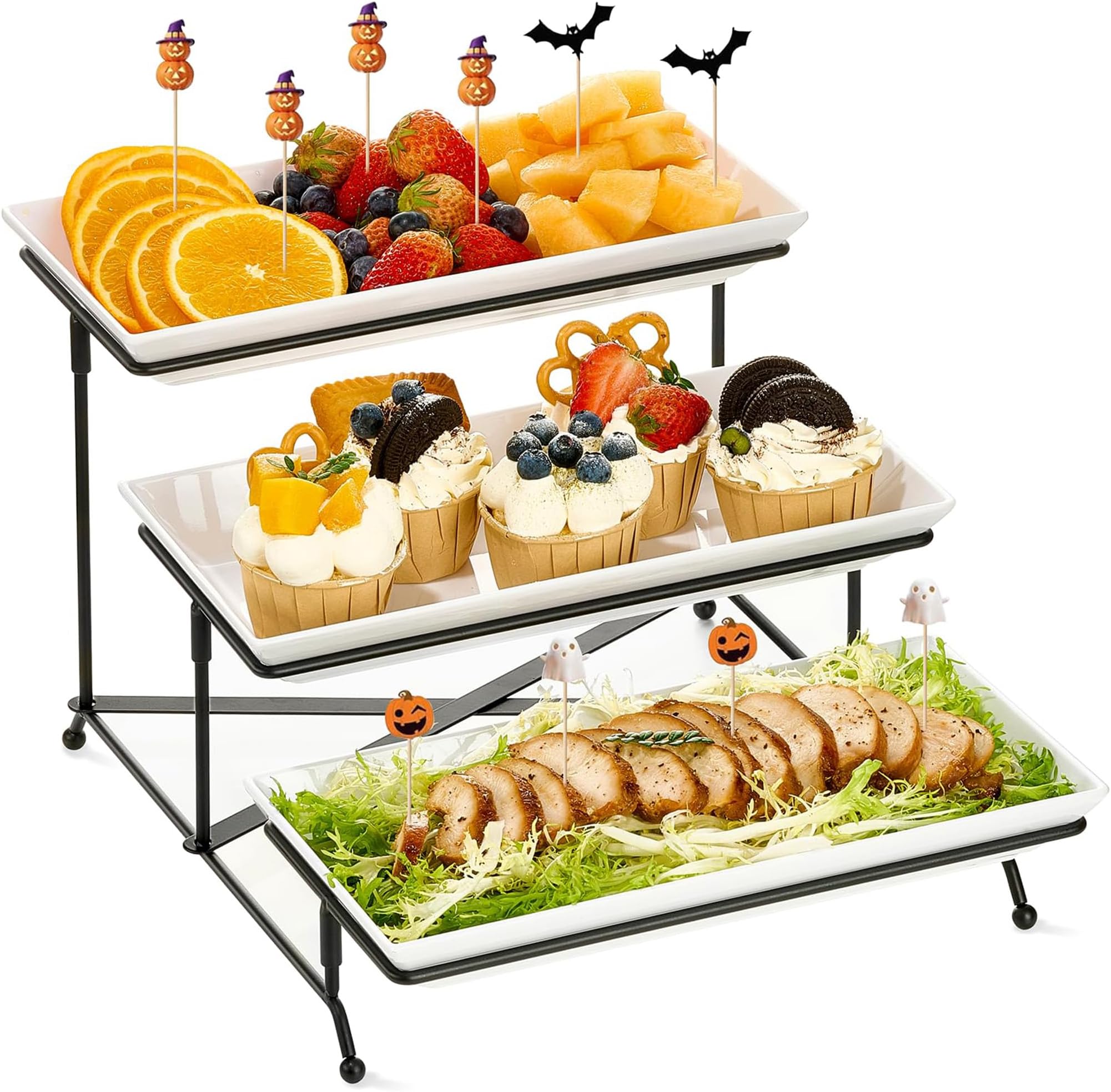 Mfacoy 3 Tier Serving Tray Set, 12" Tiered Serving Trays Platters, Reusable Serving Tray for Party, Collapsible Sturdier Stand with Stable Cross Bars, Serving Platters for Veggie, Fruit, Dessert