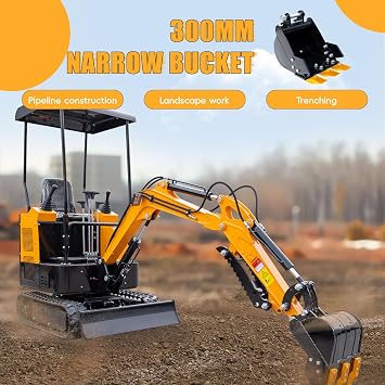 MMS 11.81in/300mm Mini Excavator Digging Bucket with Metal Teeth - 0.98/25 mm Hole Diameter, 3.54/90 mm Span, Mini Excavator Attachments Digging Bucket for Trenching & Digging