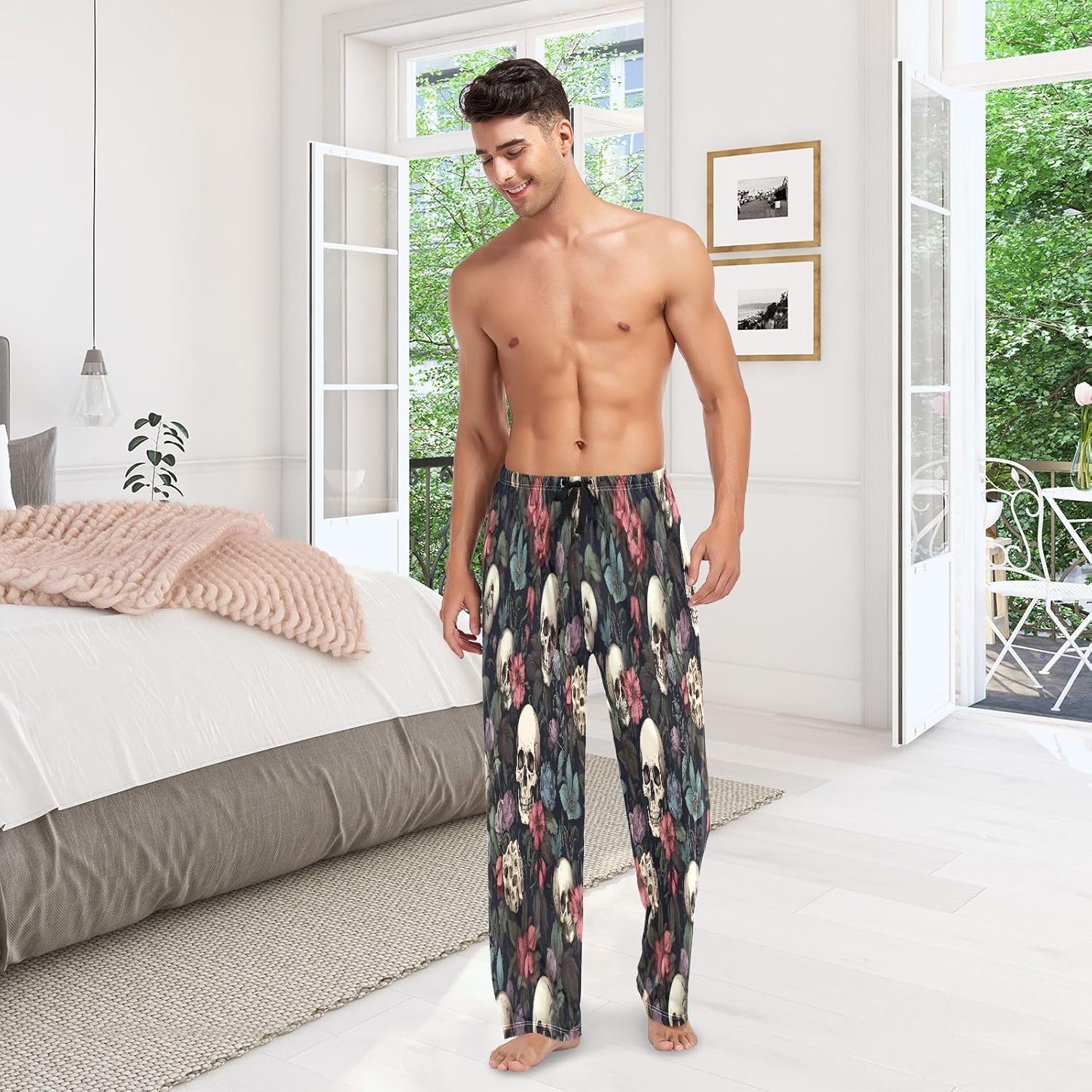 ALAZA Vintage Skull Flowers Men's Pajama Pants Men Cotton Pajama Bottoms with Pockets, S
