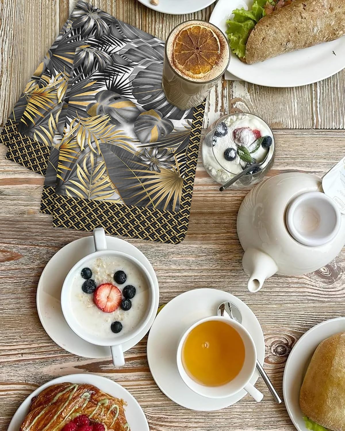 Palm Tree Waffle Kitchen Hand Towels Set of 4,Super Absorbent & Quick Dry Hair Dish Bath Tea Golf Microfiber Towel,Soft Towel Cleaning Washcloth,Luxurious Gold Black Summer Tropical Leaves 15.7"x23.6"