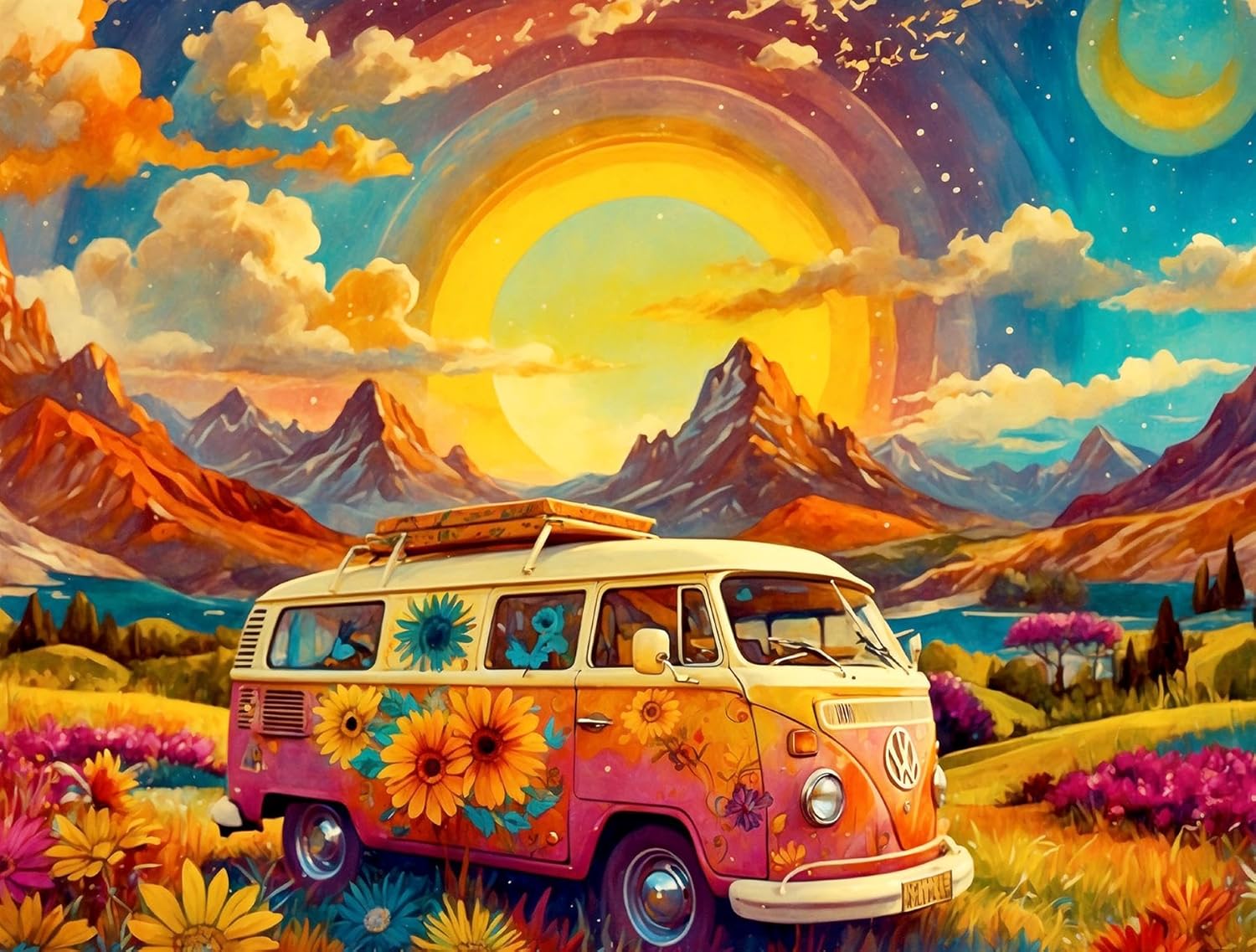 Take a Hippy Trip 1000 Piece Jigsaw Puzzle – Vibrant Campervan Adventure with Stunning Landscape- for Adults - Size 26 x 20 INCH
