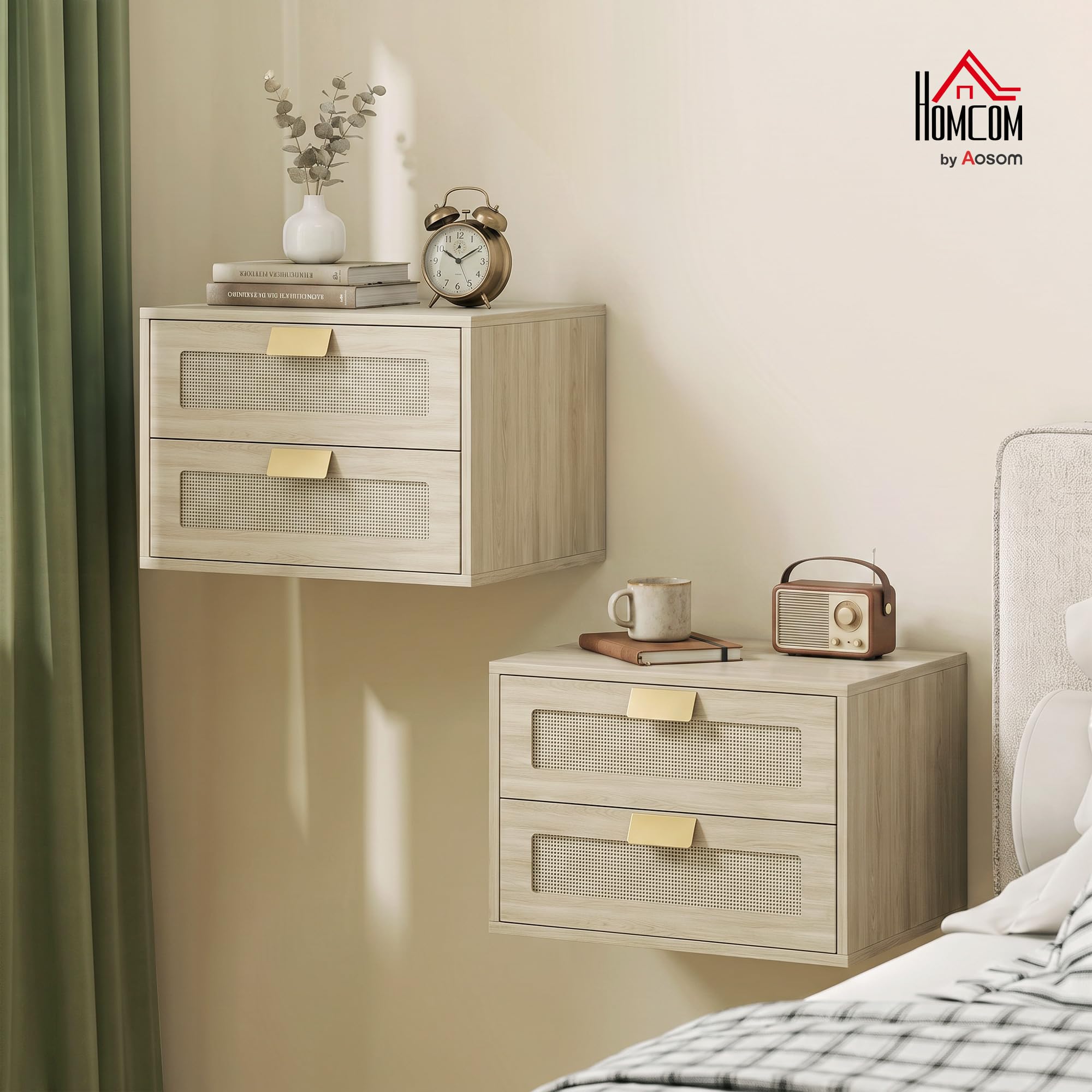HOMCOM Lot de 2 Tables de Chevet Murales Suspendues 40x30x27,6cm Chêne