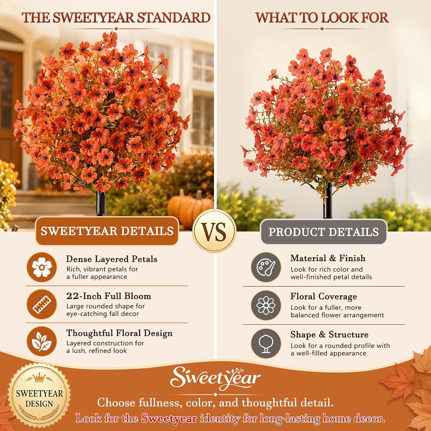 2 Pack 22" Artificial Fall Flowers Stake UV Resistant Outdoor Autumn Orange