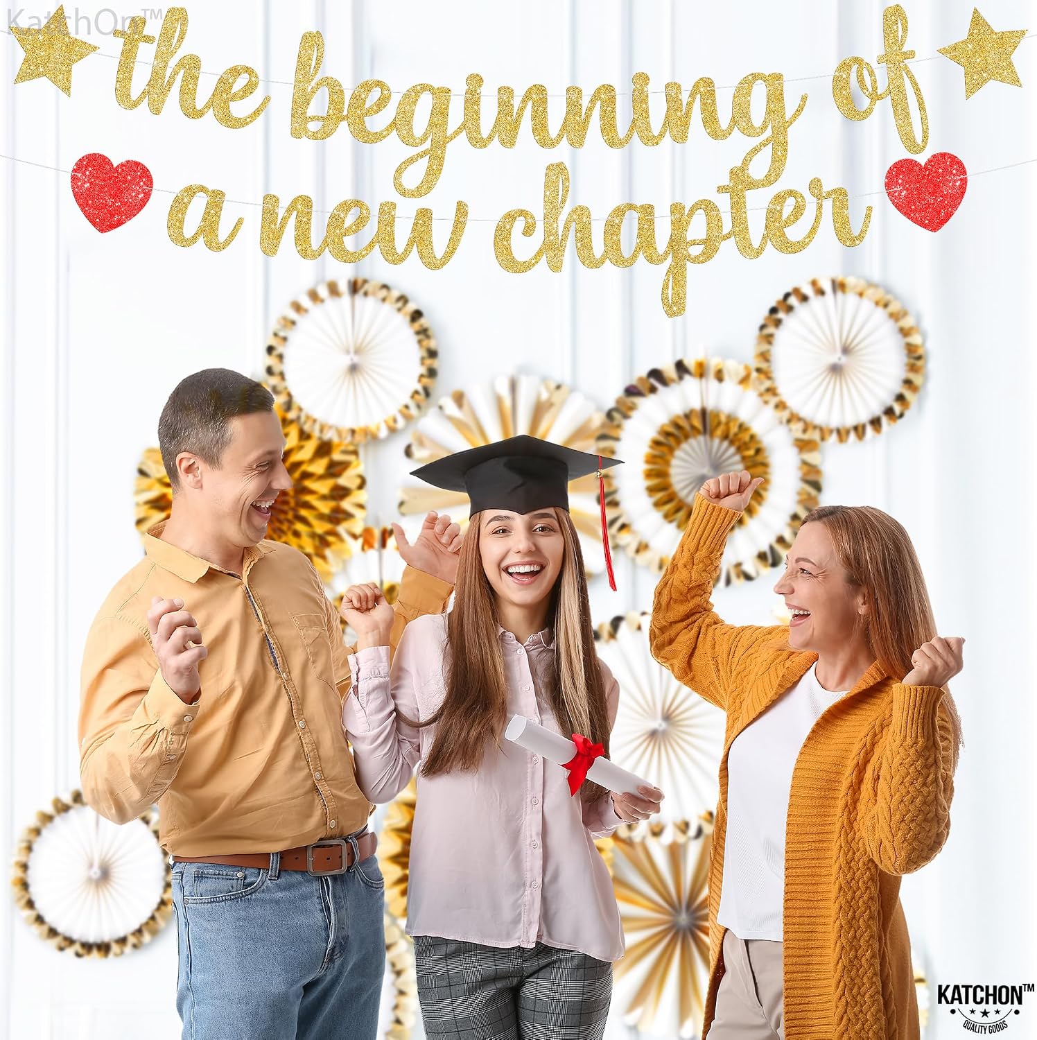 Graduation Decorations 2026 | Glitter Black and Gold Congrats Grad Banner - 10 Feet | Black and Gold Graduation Banner | Cap Garland for 2026 | 2026 Grad Party Decorations, KatchOn
