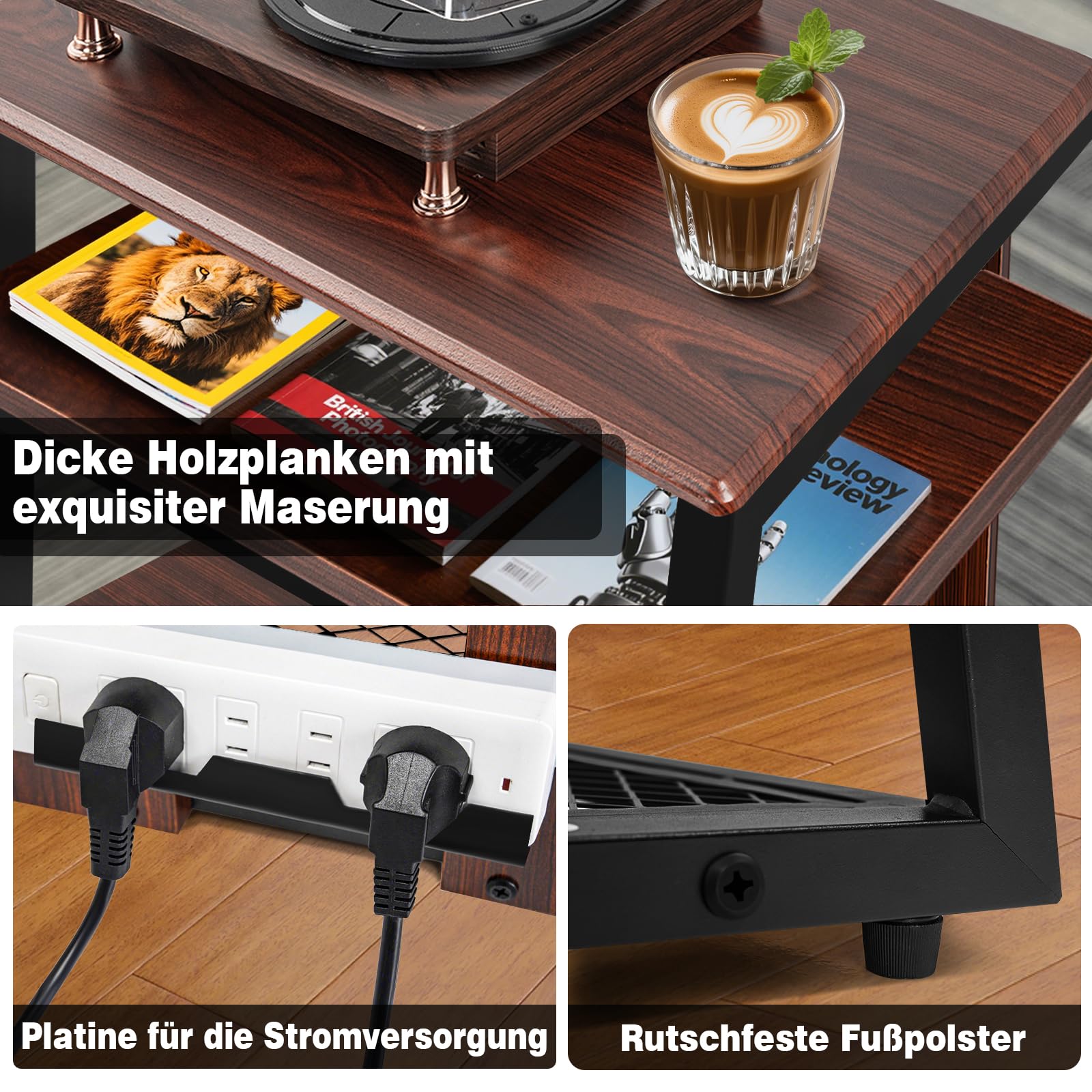 OUUTMEE 4 warstwy AV Rack HiFi szafka gramofon, żelazne rusztowanie + płyty drewniane w antycznym kolorze, stojak 61 x 53,5 x 78,5 cm, nadaje się do salonu i gabinetu