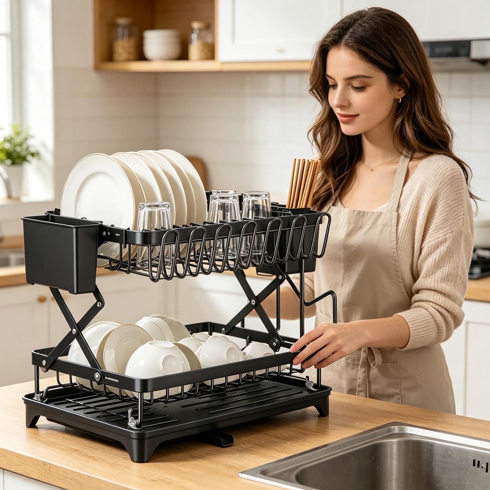 Escurridor de platos de 2 niveles con tabla de de gran capacidad | Escurreplatos para fregadero de cocina para el hogar, restaurante, cuencos, sartenes, tenedores, tablas de cortar, tazas