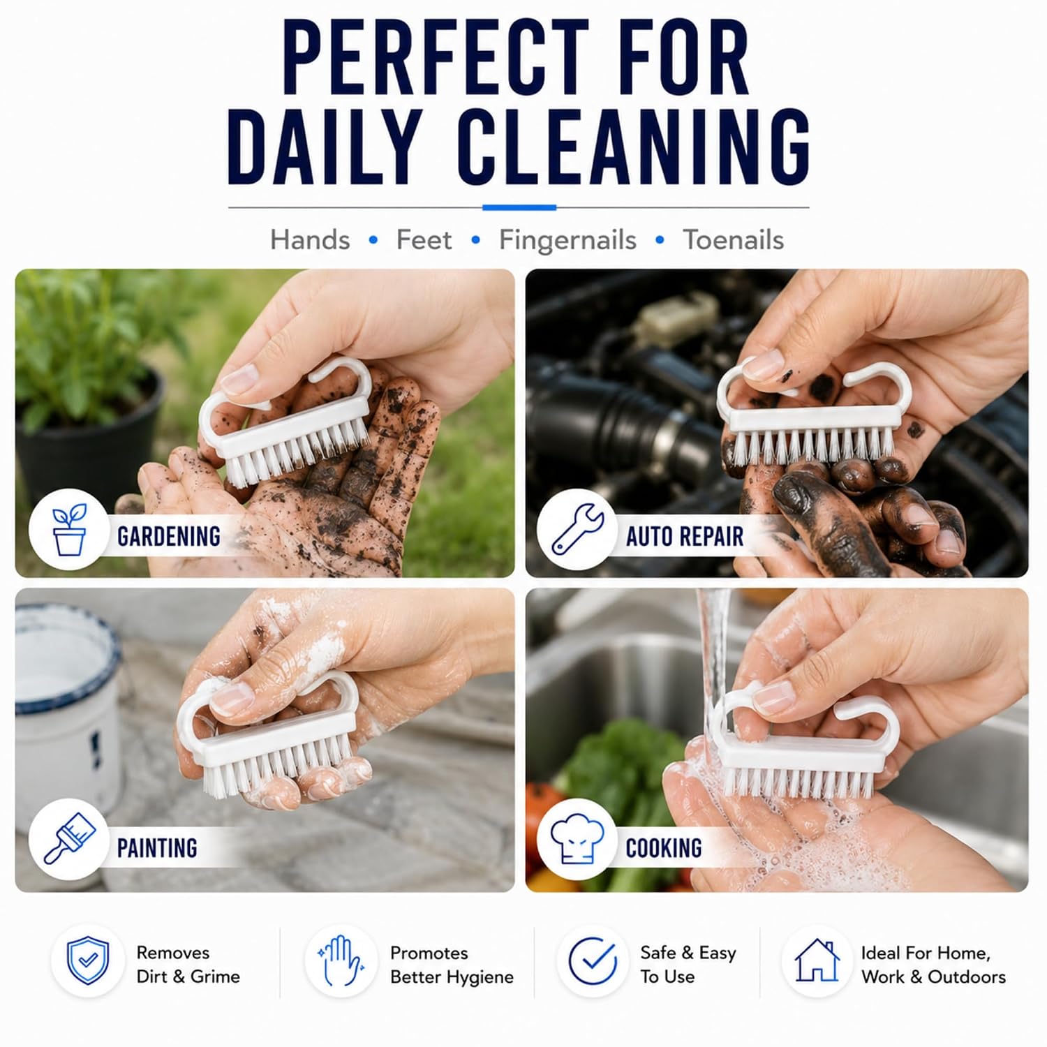 GENTS Nail Brush for Cleaning Fingernails, 5 Pack – Fingernail Cleaning Brush with Ergonomic Plastic Handle, Firm Bristles Nail Scrub Brush for Hands, Feet, Toenails, Dirt & Grime Removal