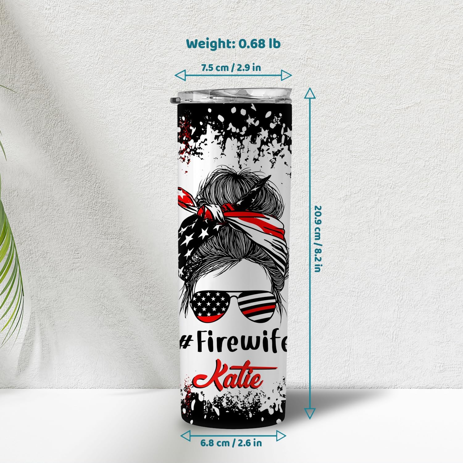 Hyturtle Personalized Firefighter Wife Skinny Tumbler Gifts For Women - Birthday Gifts For Firefighter Wife - Fire Wifey Gift - Thin Red Line USA Flag Custom Name 20oz Stainless Steel Tumbler
