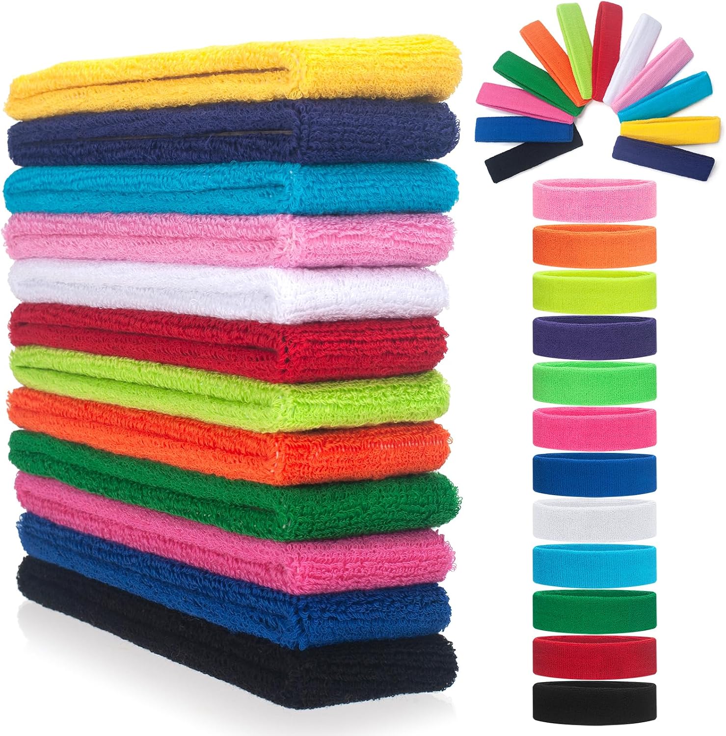 ONUPGO Sweatband Headbands for Men & Women -12PCS Sports Headbands Moisture Wicking Athletic Cotton Terry Cloth Headband for Tennis,Basketball,Football,Gym,Working Out