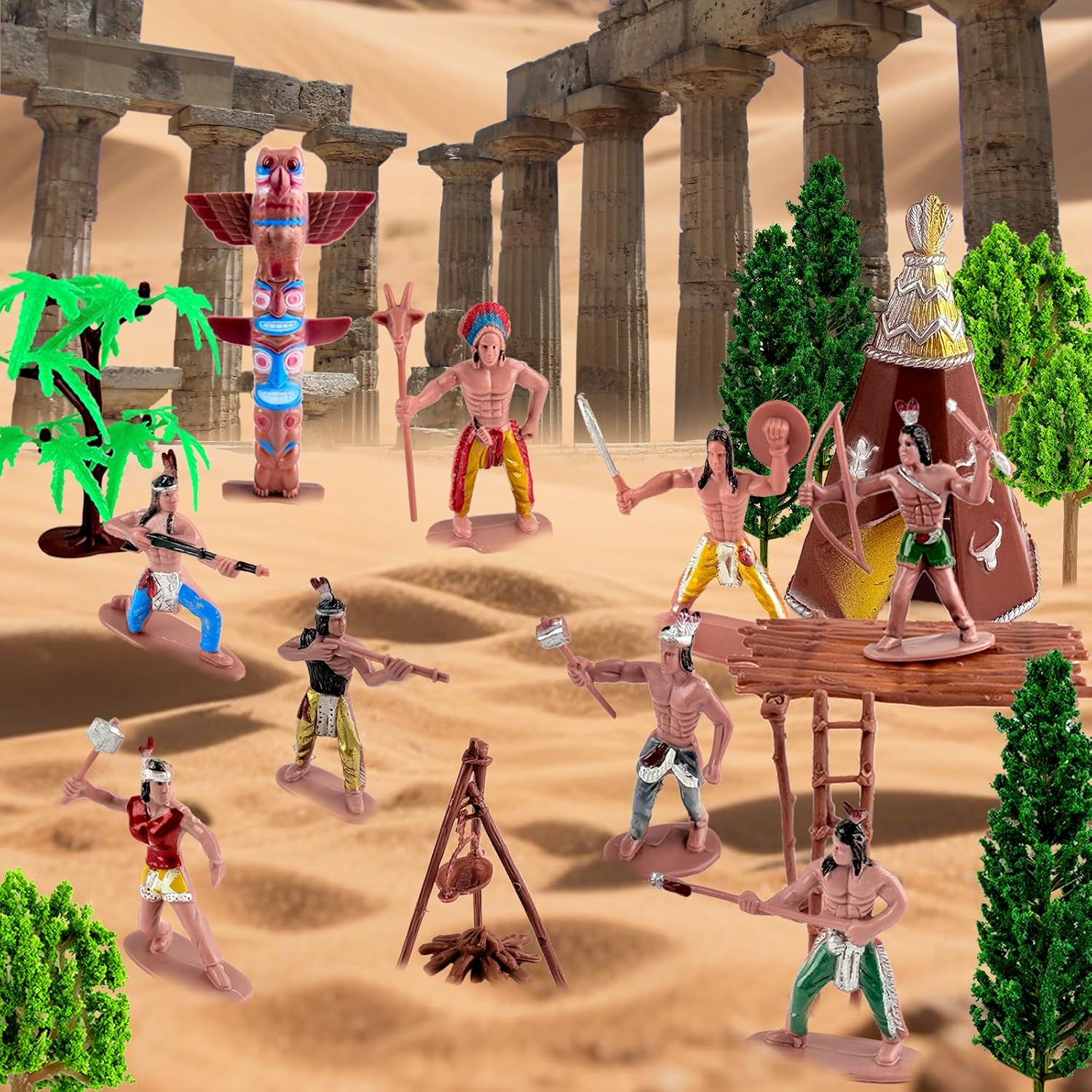 Morofme Native American Indians Figures Toys Set Plastic Indians Action Figurines Toy Miniature Indian Figure Mini Trees Decoration Moss Sand Stones for School Project Education Birthday Halloween