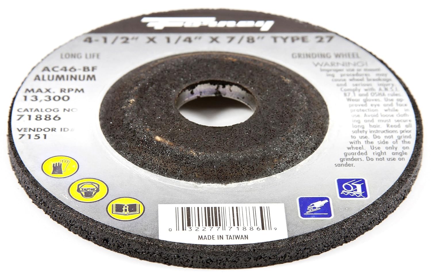 Forney 71886 Grinding Wheel with 7/8-Inch Arbor, Aluminum Type 27, AC46-BF, 4-1/2-Inch-by-1/4-Inch