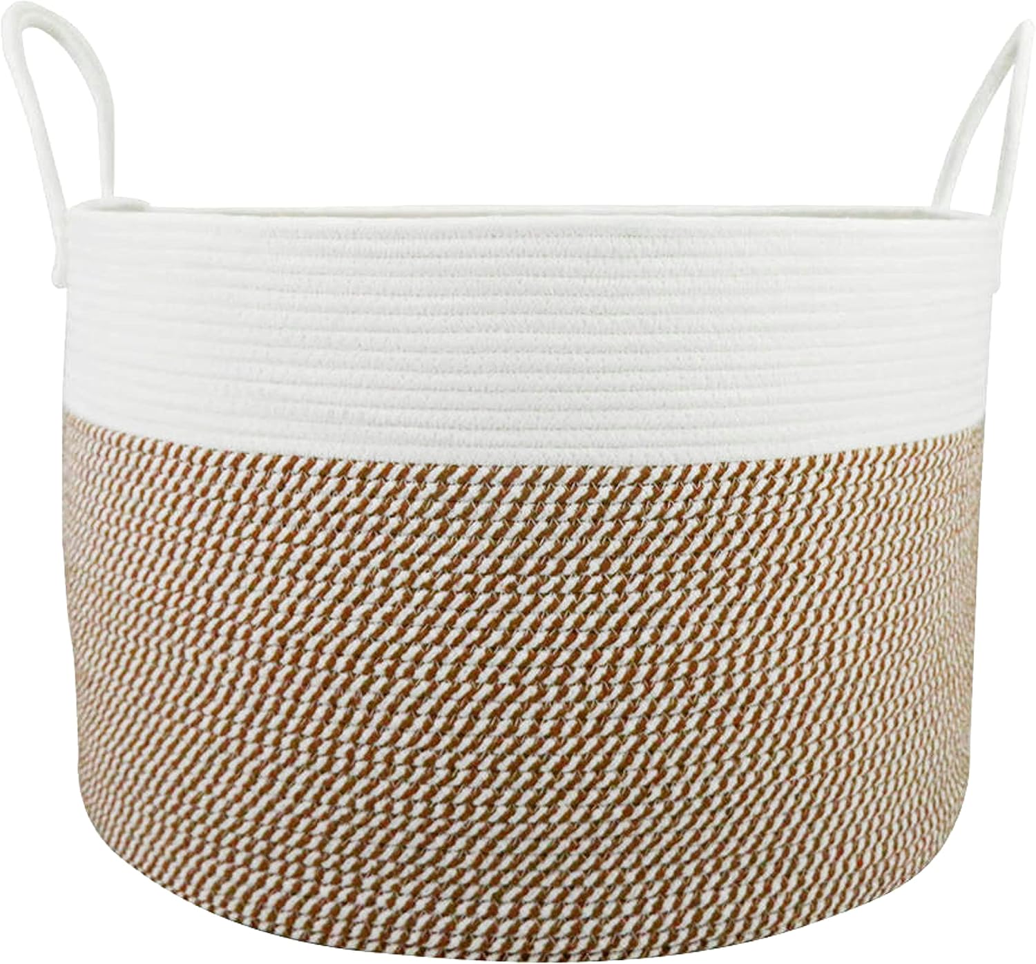 Storage Basket Large 14.9''x 11''x 3'' Cotton Rope With Long Handles for Shelves Laundry Room Baskets woven Blankets, Brown/White