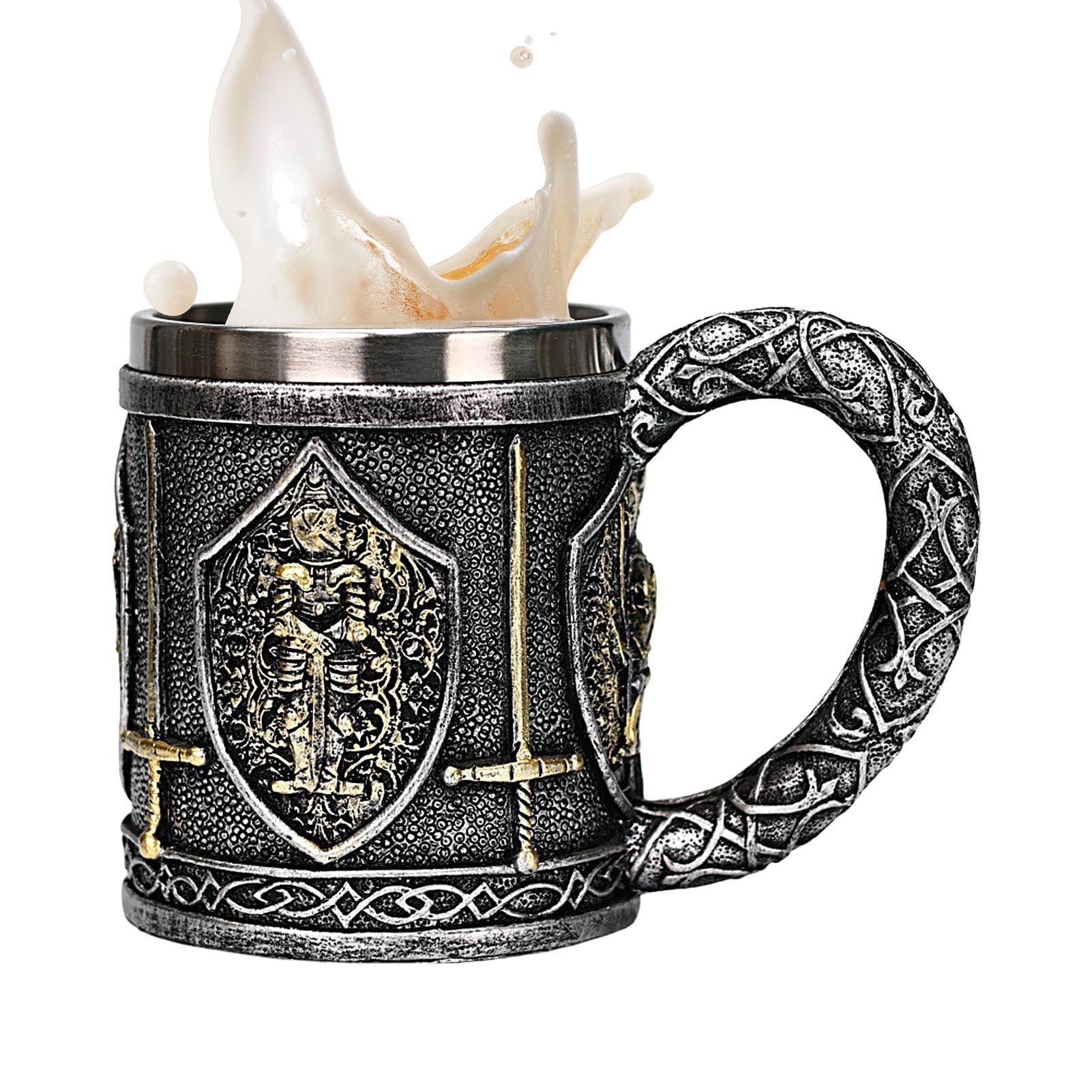Jarra jarra de acero inoxidable estilo caballero medieval para cerveza café y té en casa