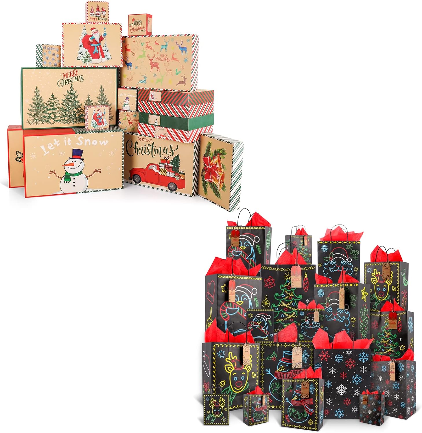 Giiffu 12 Pack Christmas Gift Bags Assorted Sizes - Holiday Present Bags With Tissue & Tags