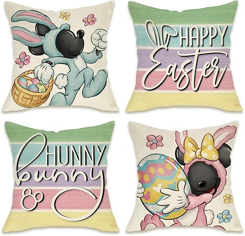 Fahrendom Juego de 4 fundas de almohada decorativas de Feliz Pascua de 18 x 18 pulgadas, diseño de conejito de caricaturas, ratón, conejo, huevos,