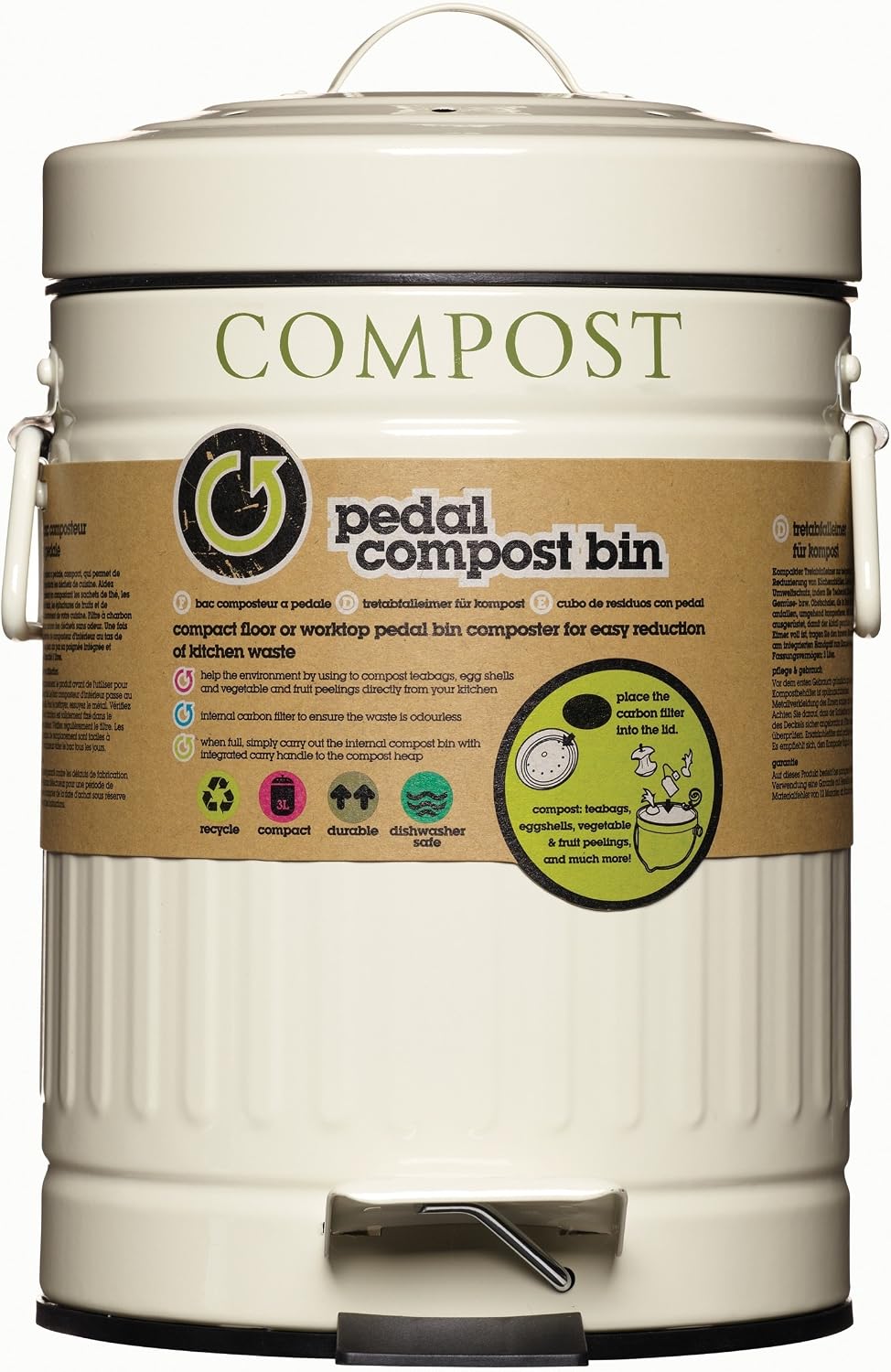 KitchenCraft KCCOMPBIN Kitchen Compost Bin with Pedal, Metal, 3 Litre, Cream