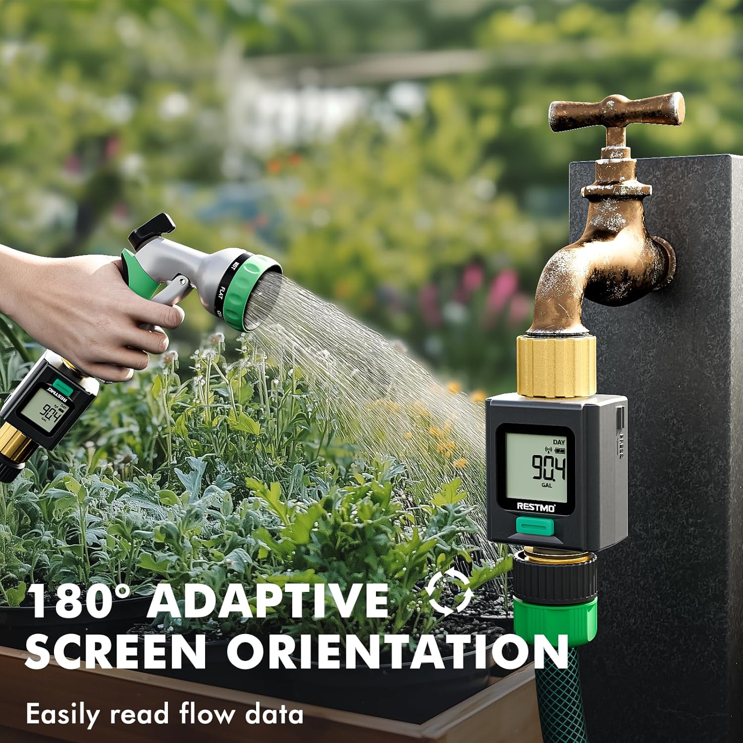 RESTMO water flow meter attached to a garden hose, with the screen rotated 180 degrees for easy viewing while watering plants