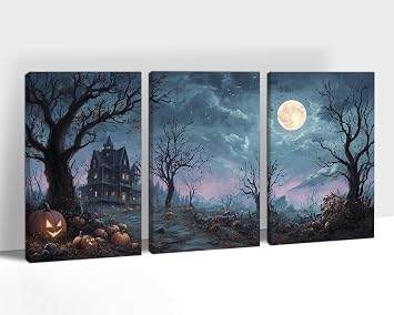 Hzddty 3 Piece Halloween Canvas Wall Art, Haunted House Ghost Painting, Pumpkin Moonlit Night Pictures Wall Decor, Spooky Witchy Artwork for Walls, Vintage Style Fall Wall Canvas Print 8123pcs
