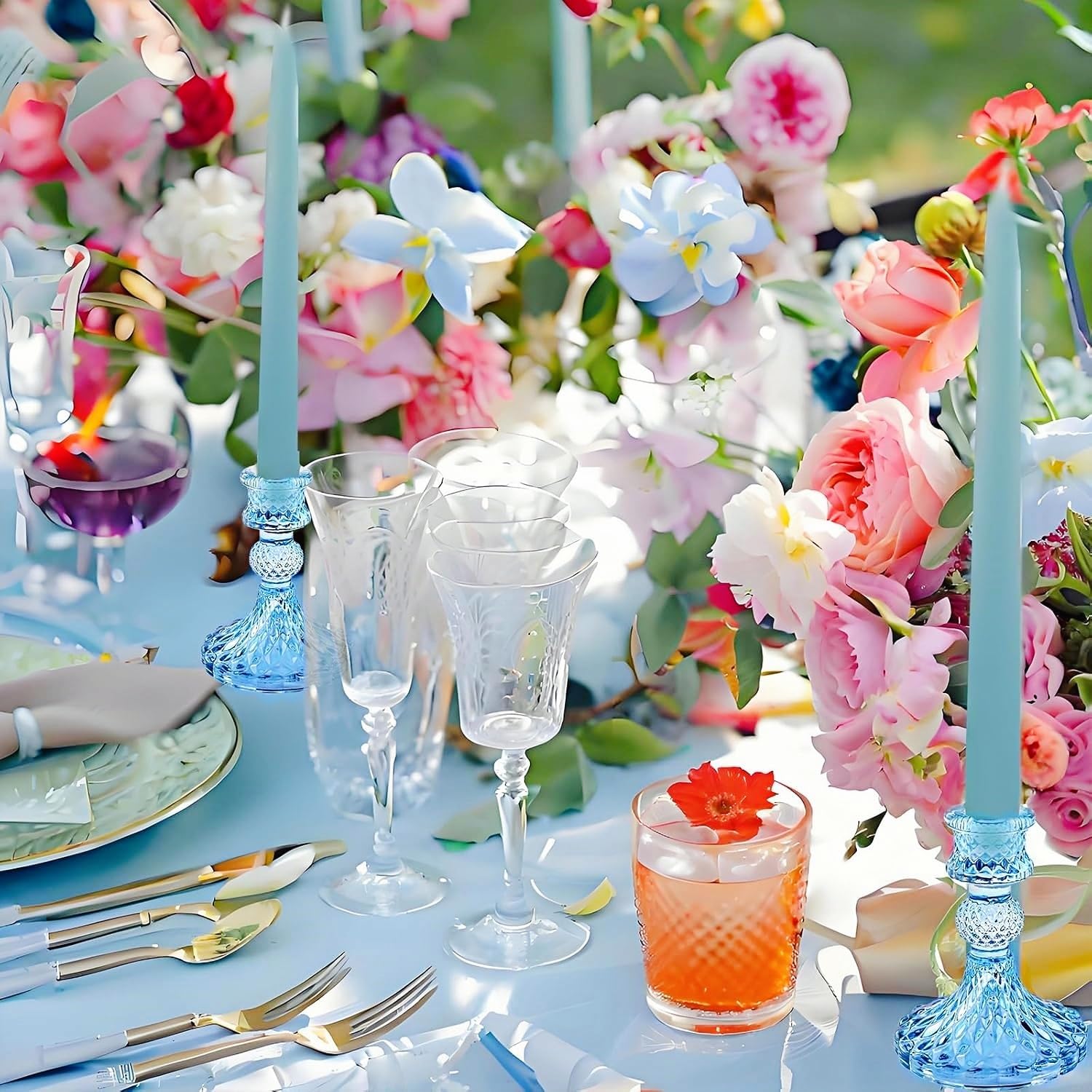 Glass Candlestick Holder,Striped Taper Candle Holders,Set of 6 Candle Stand for Table Centerpieces, Home Decor,Weddings,Festival and Parties (Bule Dimond)