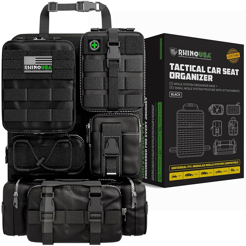 Organizador Tático para Encosto de Banco Rhino USA com Sistema MOLLE, Bolsos Removíveis e Painel para Patches, Preto