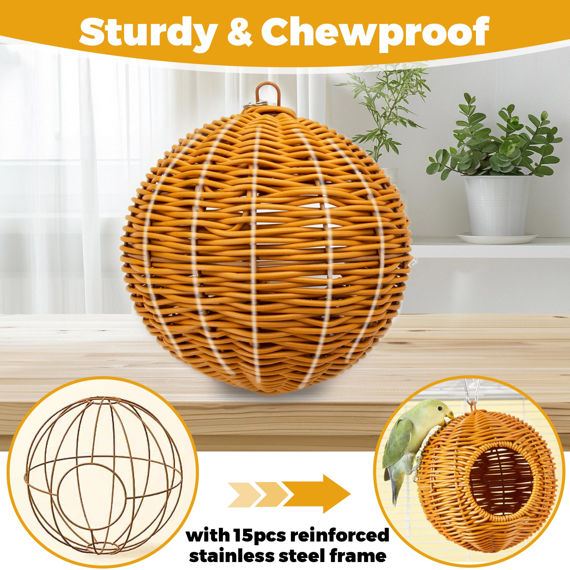 Chewproof Steel Frame Bird Nest for Cage, Washable Small Bird Bed Hammock Hideout Lay Eggs Parakeet Nest Sleep, Parakeet Warm Bed House Hut for Lovebird, Canary, Budgie, Finch (Brown)