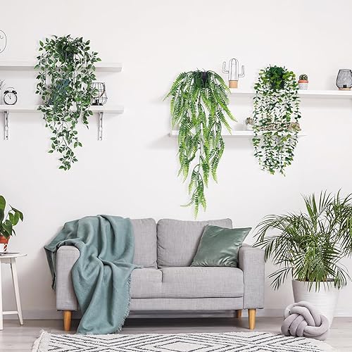 Miniatura 8 de CEWOR 6 plantas colgantes artificiales falsas, plantas colgantes de imitación en maceta, vid de eucalipto, hojas de bambú, potos, cadena de perlas,