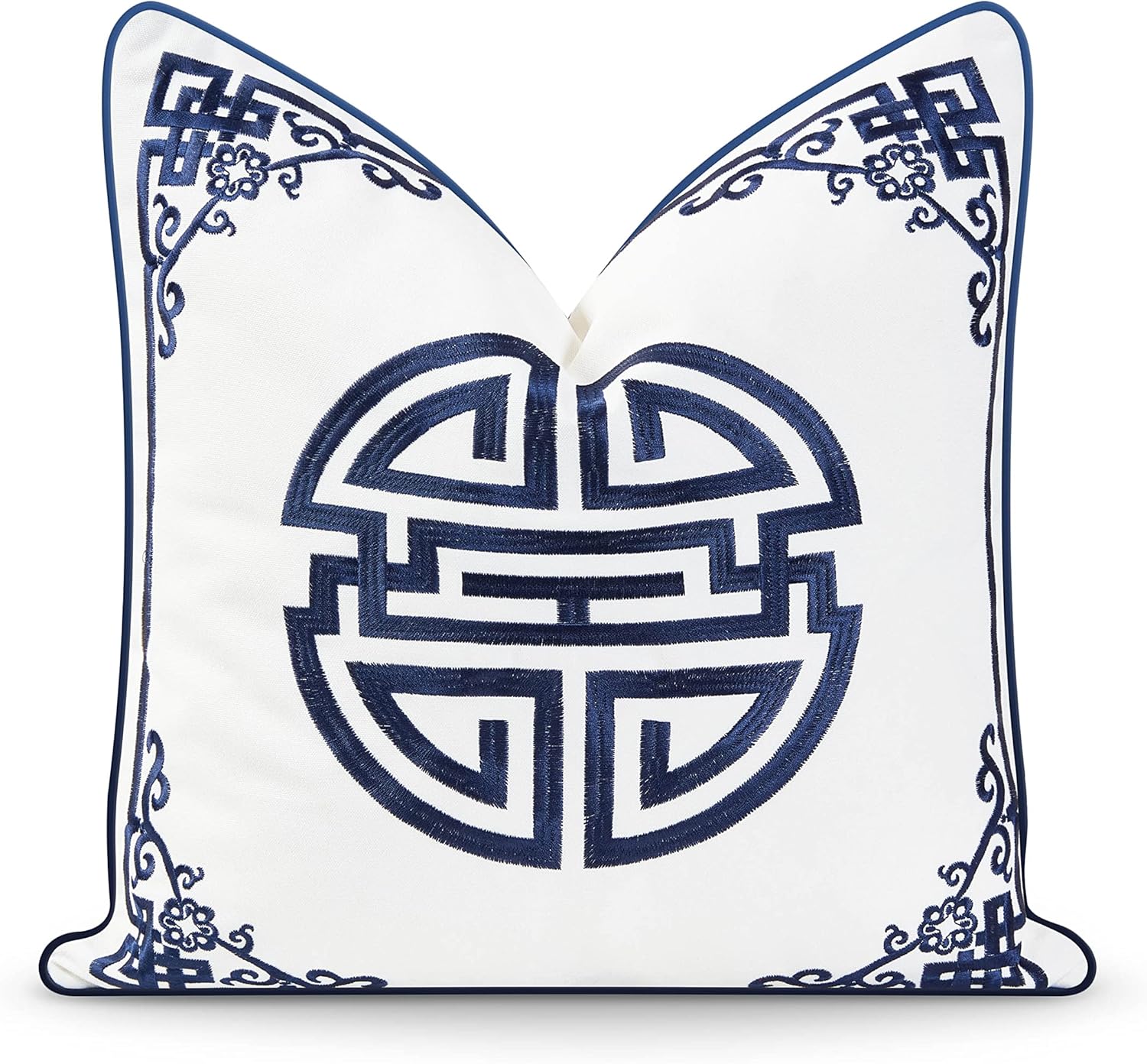Hofdeco Premium Coastal Hampton Style Patio Indoor Outdoor Throw Pillow Cover Only, 18"x18" Water Resistant for Backyard, Couch, Navy Blue Embroidered Longevity Symbol