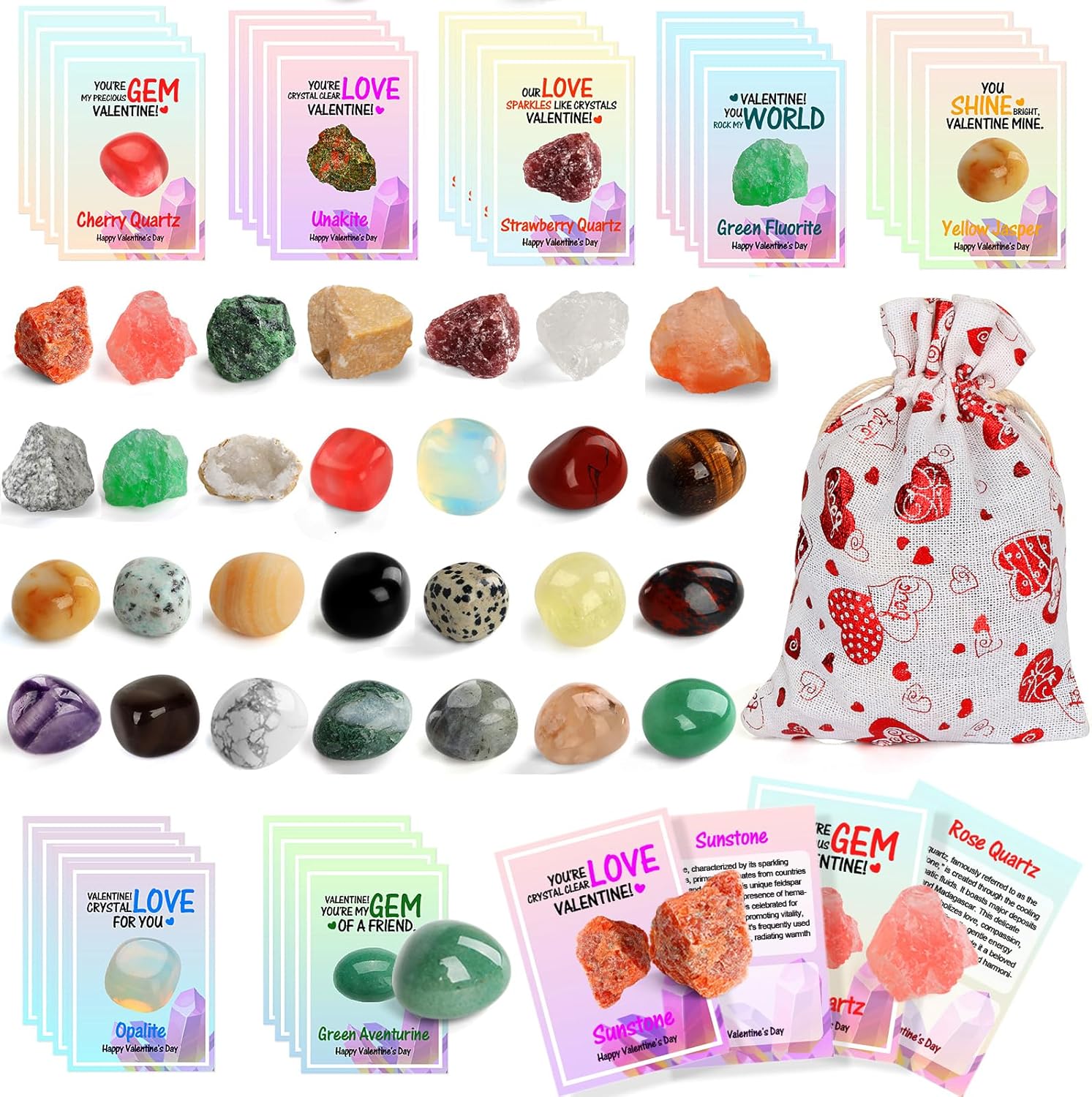 Gifts for Kids - 28 Pack Exchange Cards & Natural Gemstone Crystals Rocks Minerals Bulk,Cards for Boys Girls Classroom Party Favors
