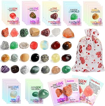 Gifts for Kids - 28 Pack Exchange Cards & Natural Gemstone Crystals Rocks Minerals Bulk,Cards for Boys Girls Classroom Party Favors