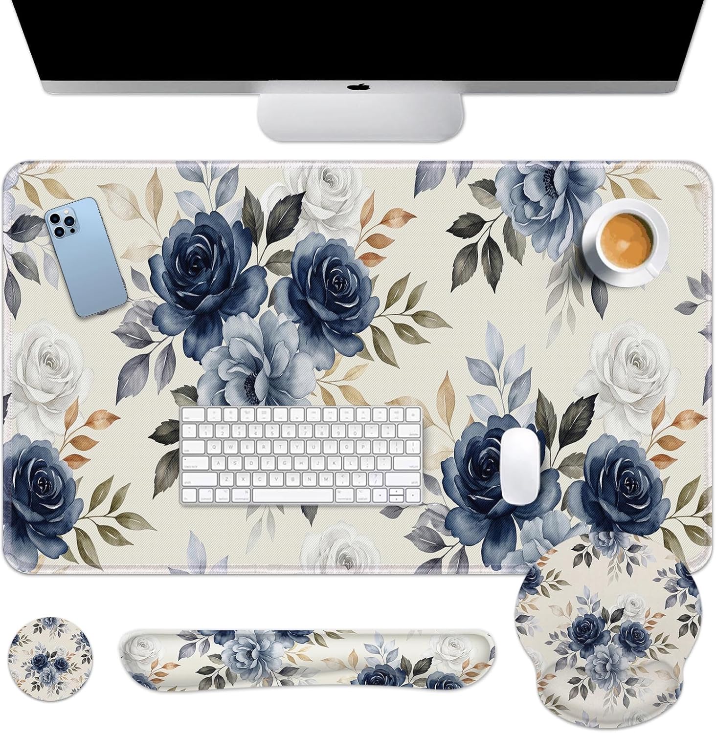 Arttown Spring Flower Desk Mat Leaves Blue White Flower Mouse Pad Set 4 in 1 Ergonomic Design Large Mouse Pad + Keyboard Wrist Rest + Mouse Wrist Rest + Coaster Suitable for Home Office Study Game