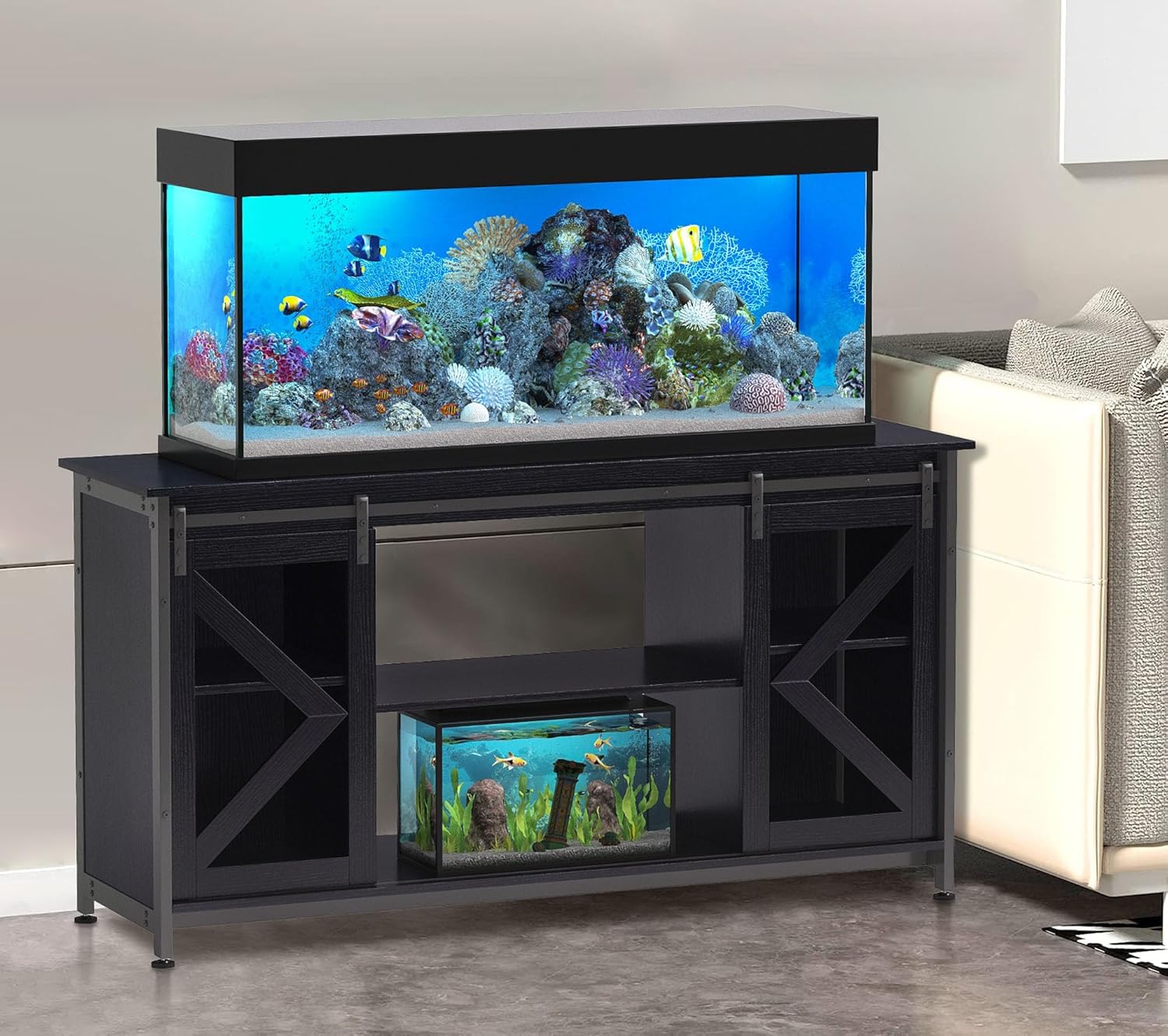 80 Gallon Fish Tank Stand with Sliding Doors, Farmhouse Aquarium Stand with Storage Cabinet, Heavy Duty Fish Tank Table for Turtle Tanks Reptile, Adjustable Feets, 1000 LBS Capacity (Black)