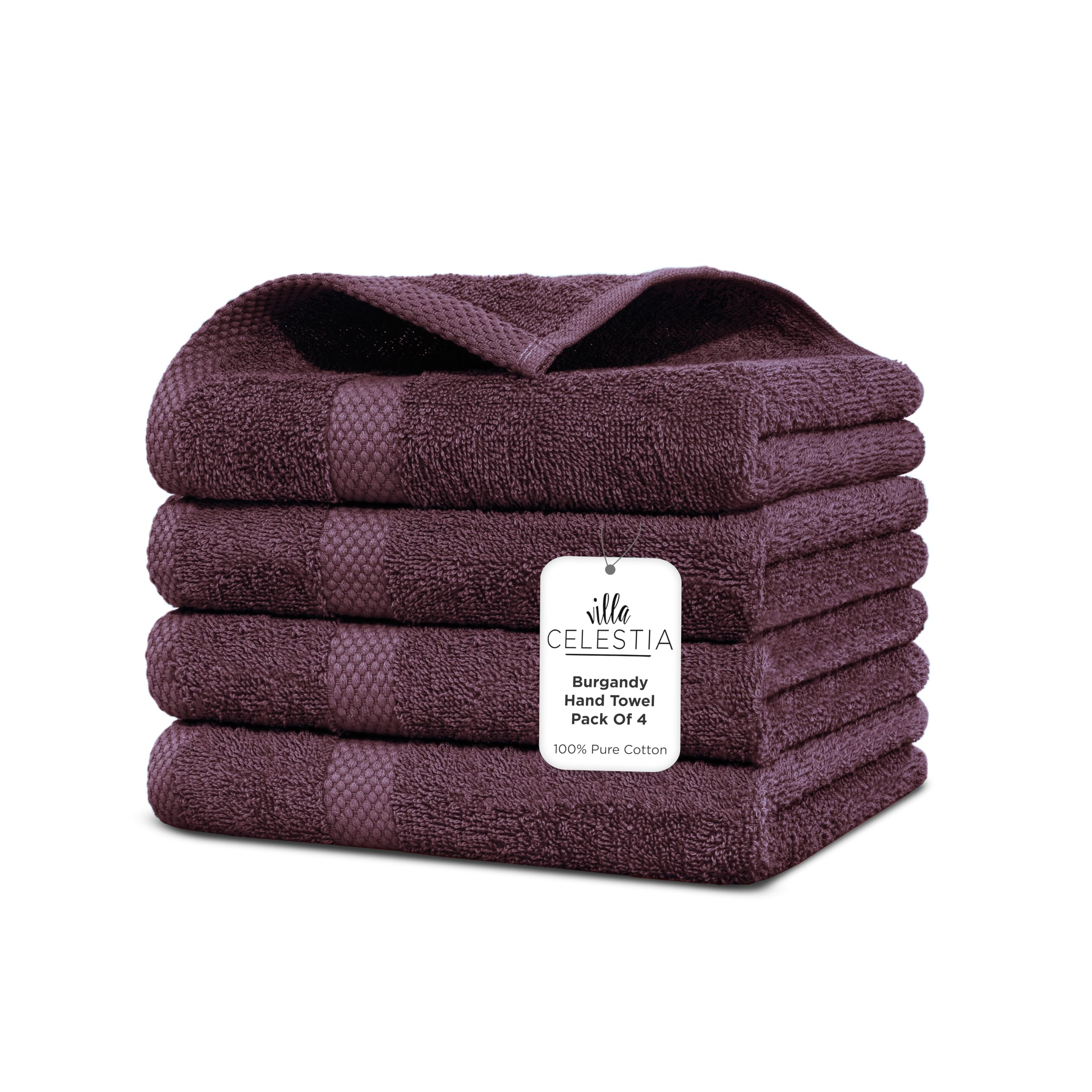 Villa Celestia Cotton Hand Towels Set of 4, 16 x 28, Oeko-TEX Certified, Quick Dry, Burgandy