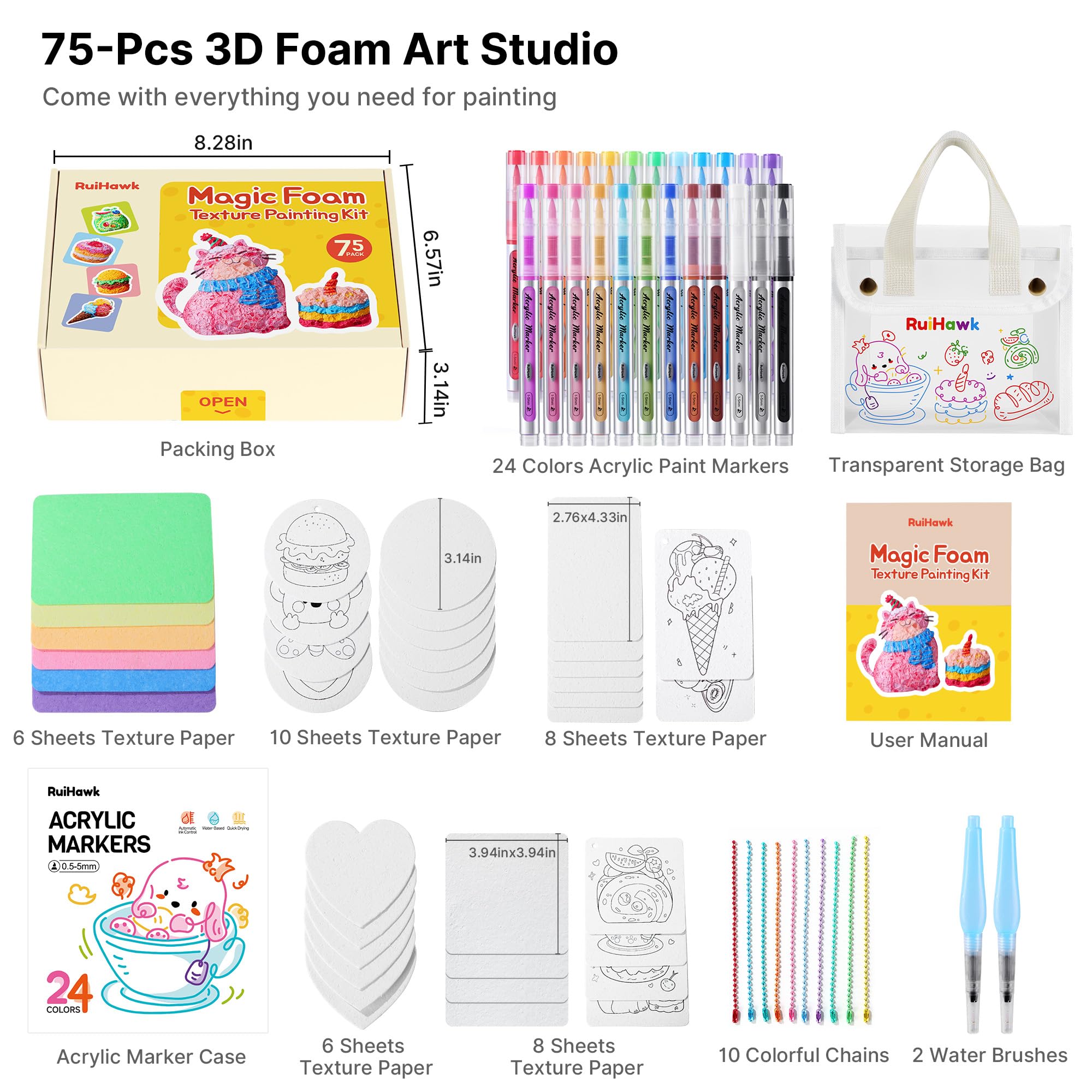 Kit Pittura 3D Magica 75 Pezzi RuiHawk – Pennarelli Puffy, 38 Fogli Schiuma E Perline, Regalo Creativo Per Bambini 5-12 Anni